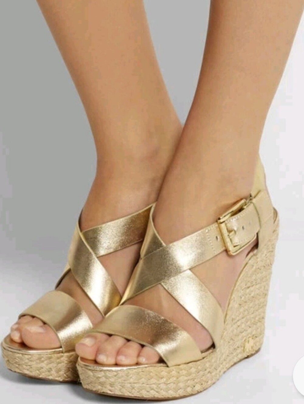 MICHAEL KORS GIOVANNA MK LOGO PALE GOLD ESPADRILLE WEDGES Sz 9